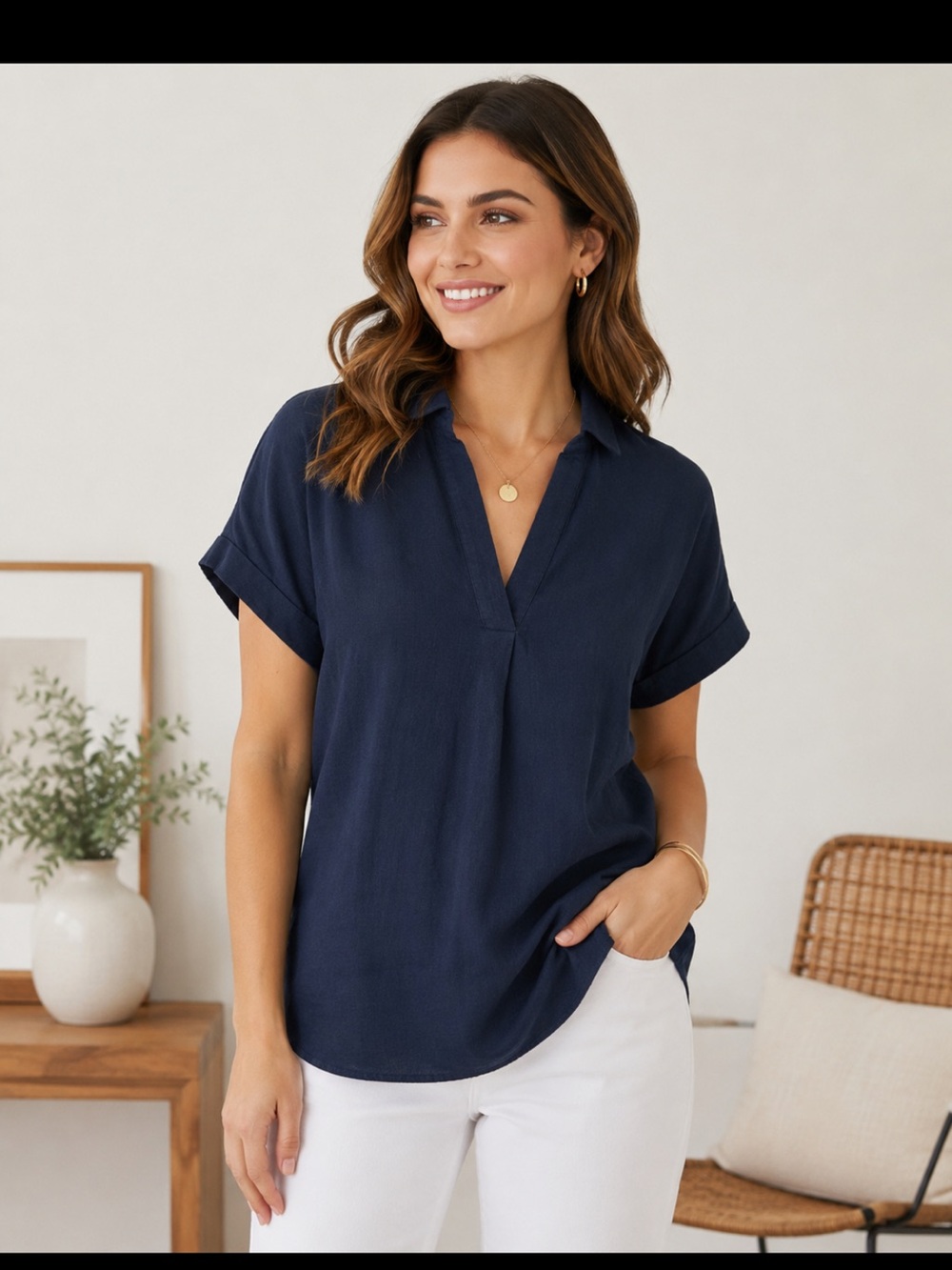 Banana Republic Women’s Small Navy Blue Linen Blend Short Sleeve Tunic Top